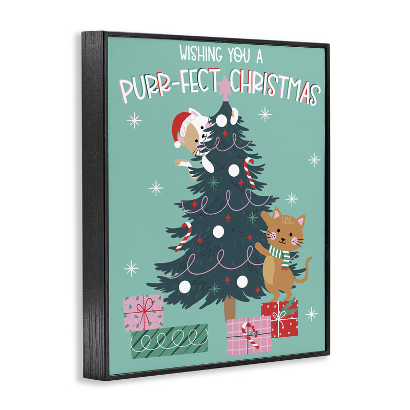 Arbre de Noël Purr-Fect, estampe numérique, design par Angela Nickeas, H 14 po x l 11 po, Giclée encadrée noir minuit