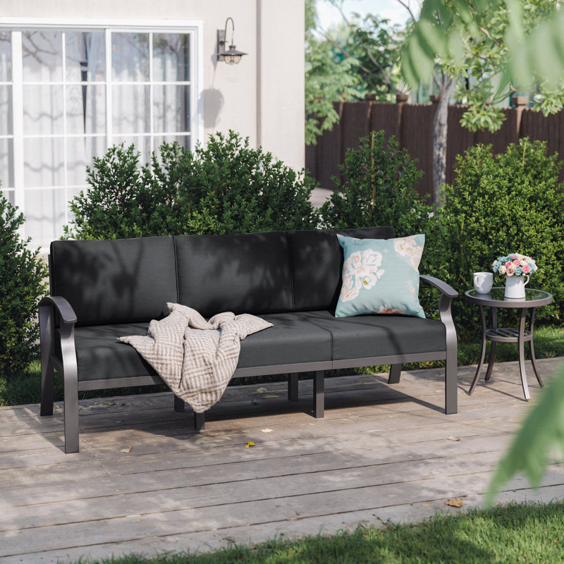 Mcknight 76'' Outdoor Aluminum Patio Sofa with Angled Backrest, Curved Armrests & Reinforced Support Legs, Dark Gray