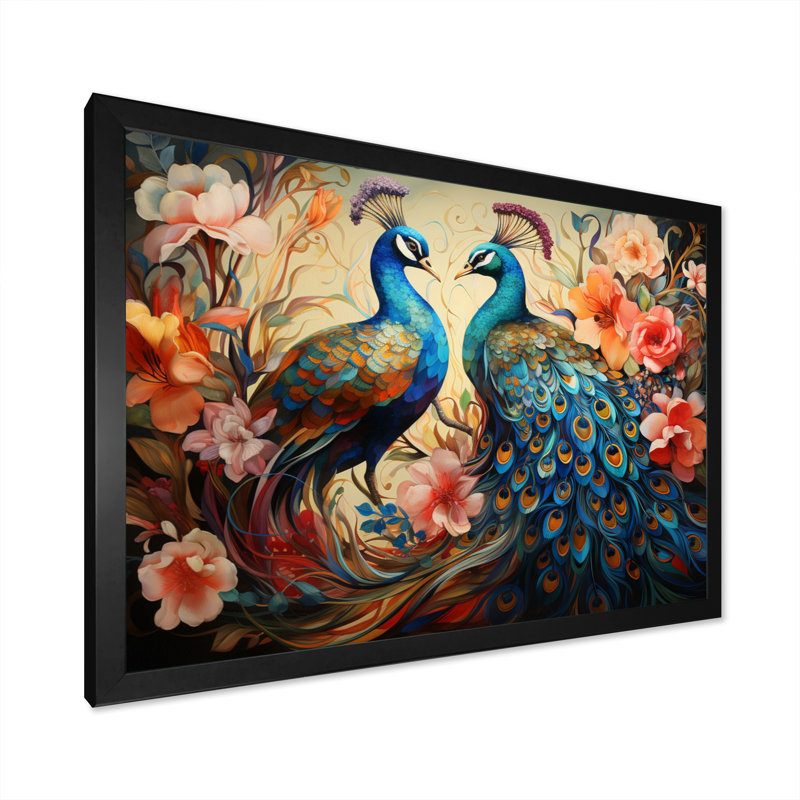 «Blue Coral Indian Art Dancing Peacocks I», art mural indien, H 16 po x l 32 po x P 1 po, Cadre simple noir
