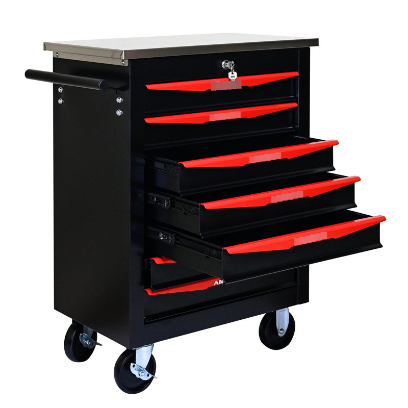 Chariot multifonctionnel à 7 outils avec fabrication robuste - serrure à clé noire et rouge et tiroirs lisses pratiques