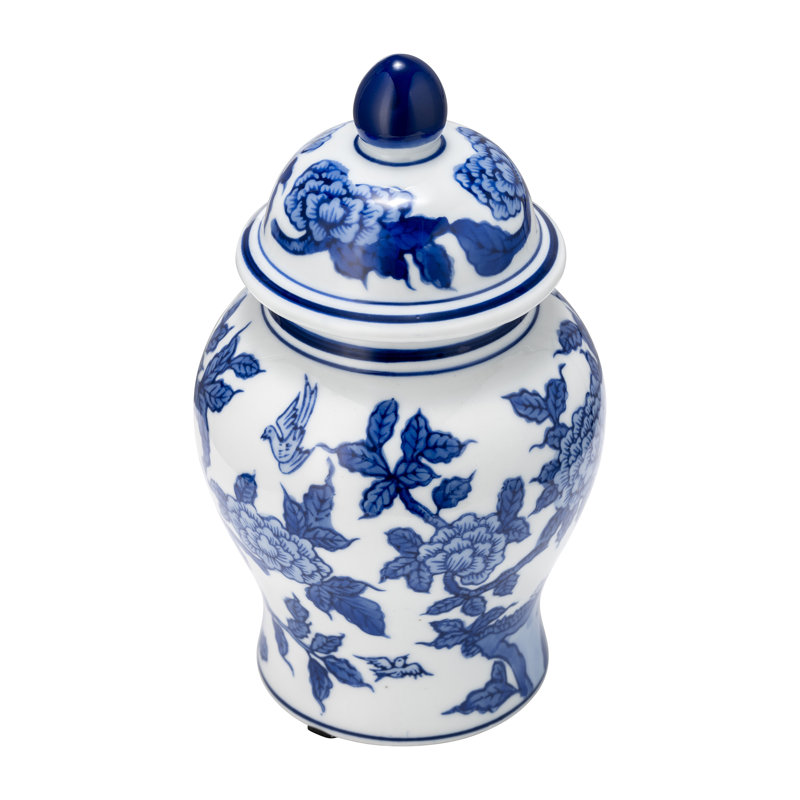 Pot à couvercle en céramique Gherghina Chinoiserie, H 8 po x l 5 po x P 5 po