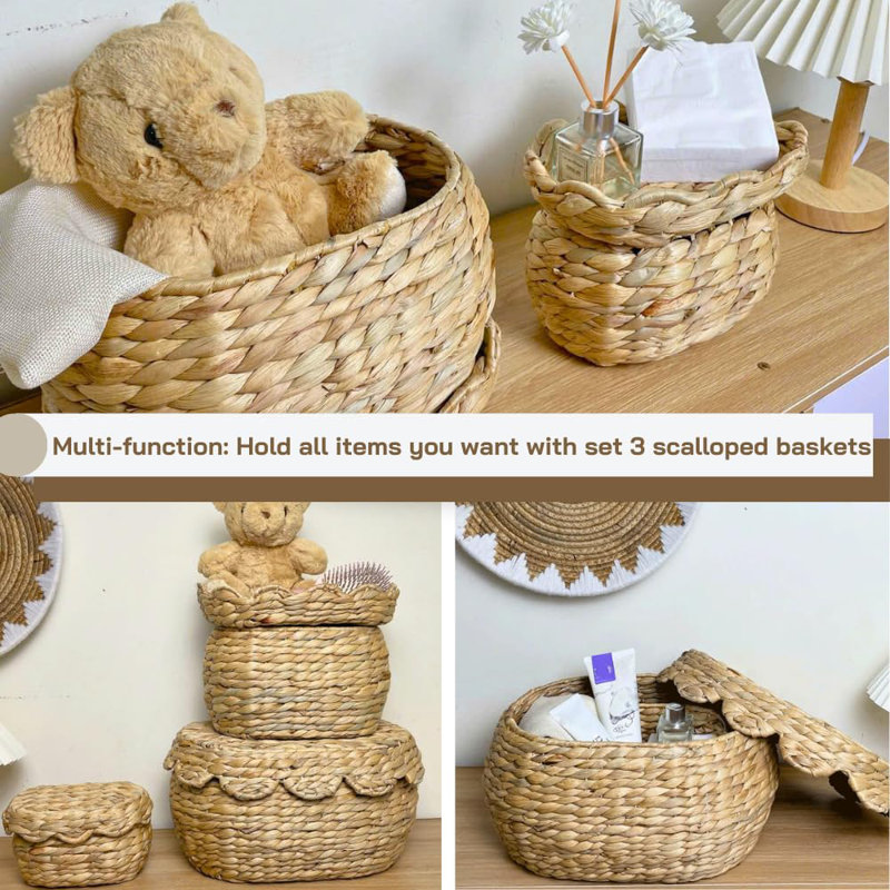 Scalloped Baskets Set Of 3 Nested Baskets 2 In 1 Design With Scalloped Edge, Hyaxinth Scallop Baskets, Round Wicker Baskets For Decor, Water Hyacinth Storage Baskets With Lid