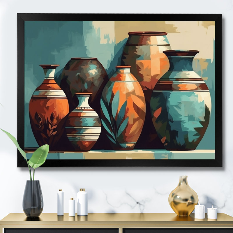 Vase en céramique orange et vert Soulazazma sur toile, H 30 po x l 40 po x P 1,5 po, Cadre photo noir