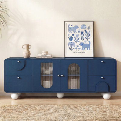 Meuble télé moderne de 70,9 pouces (180 cm) pour téléviseurs jusqu'à 75 pouces (190 cm), portes en verre cannelé cintrées, 4 tiroirs et rangement réglable, buffet multifonctionnel