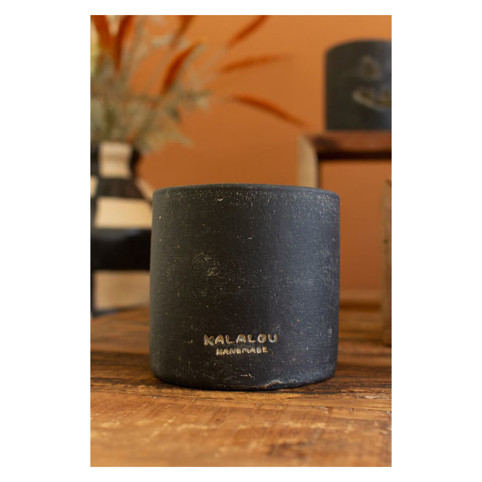 SHORT BLACK CLAY JACK-O-LANTERN, 4" H x 4" W x 4" D
