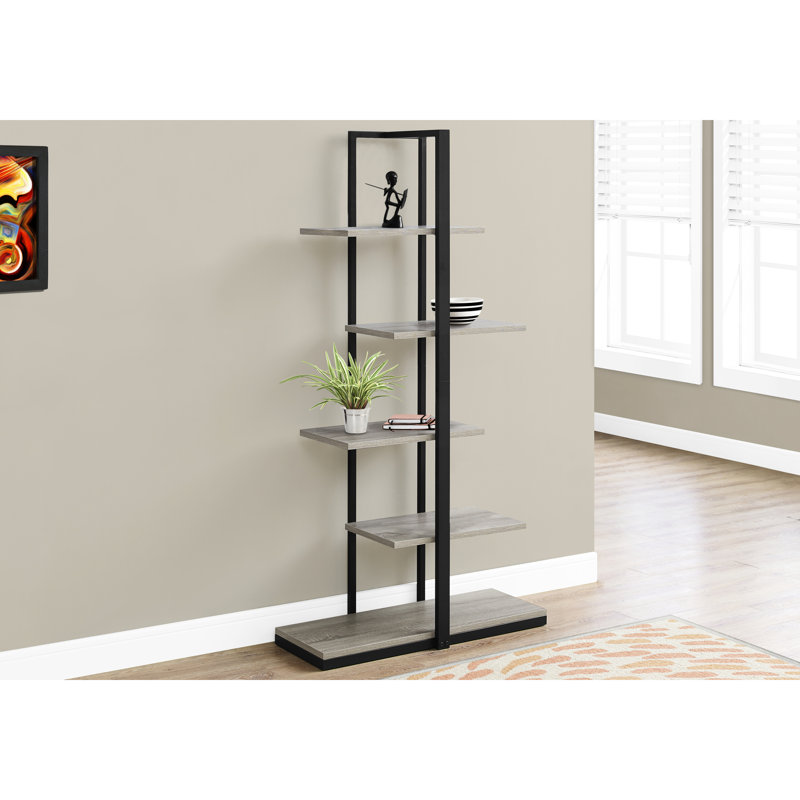 5 Tier Taupe Wood Look Bookcase With Black Metal For Bedroom Brown Laminate And Office Decor
