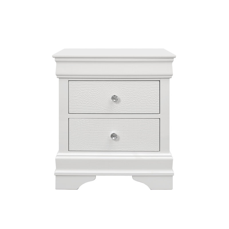  Pompei Metallic 2 Drawer Nightstand with Crystal Handles and Textured Design,  White