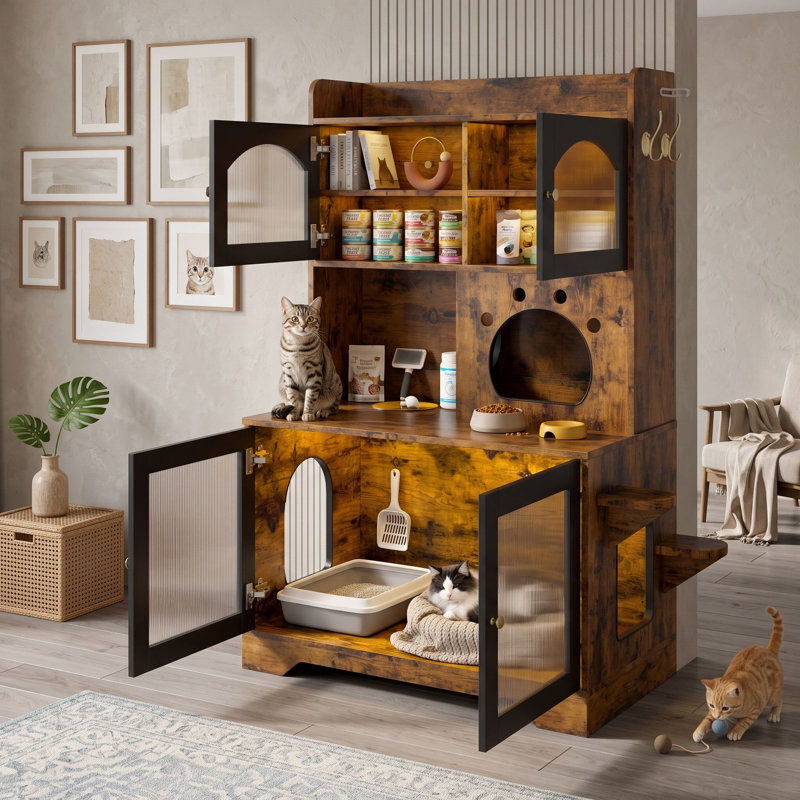 Maison pour chat d'intérieur à 3 niveaux avec armoire de rangement, bac à litière, éclairage à DEL 3 couleurs et portes en acrylique ondulées