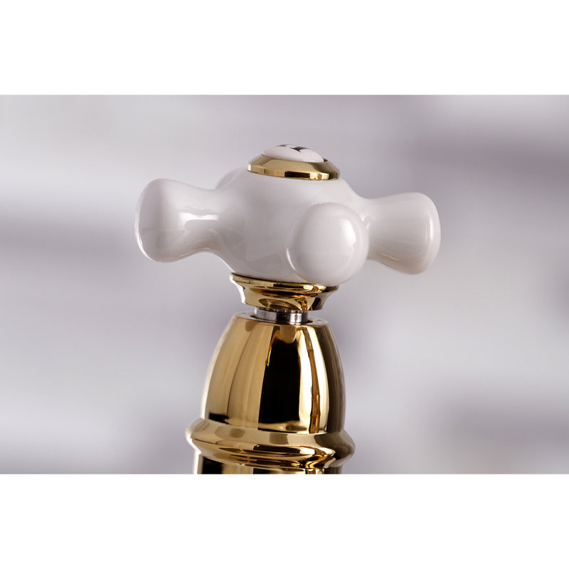 Kingston Brass Restoration Two-Handle 4-Hole Deck Mount Bridge Kitchen Faucet with Brass Side Sprayer, Polished Brass