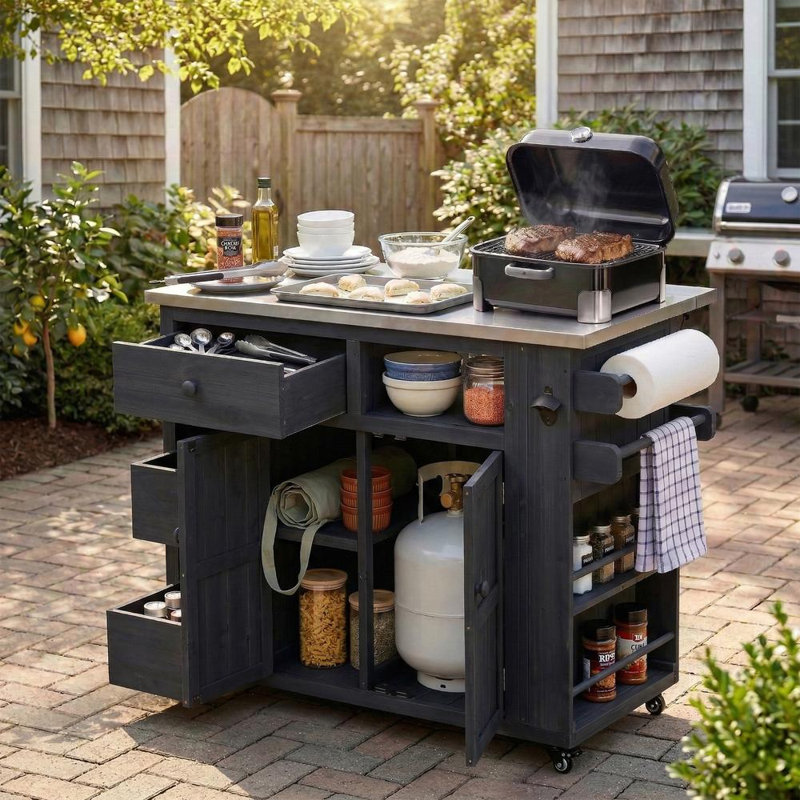 Îlot de cuisine extérieur extensible avec plateau en acier inoxydable, support à épices latéral, tiroirs et armoire de rangement pour la cour, le barbecue ou les fêtes
