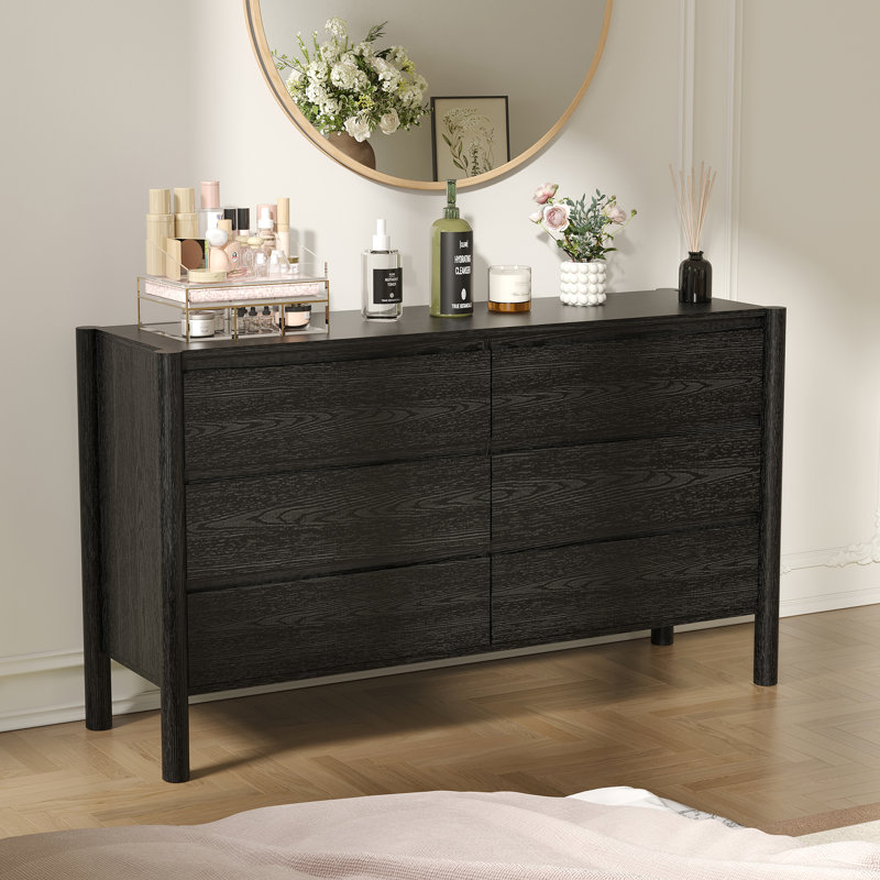Commode 6 tiroirs, commode double en bois massif avec grand rangement pour chambre à coucher, salon, Noir
