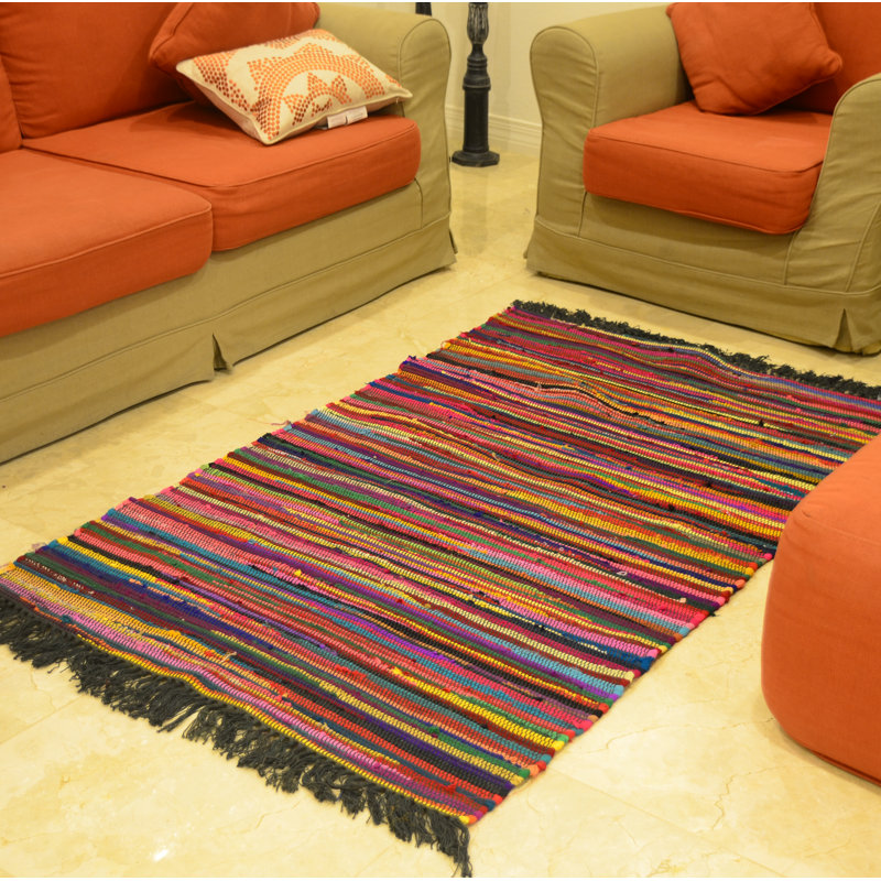 Tapis en coton rouge/mauve/orange à la main rayée noué la Glendive