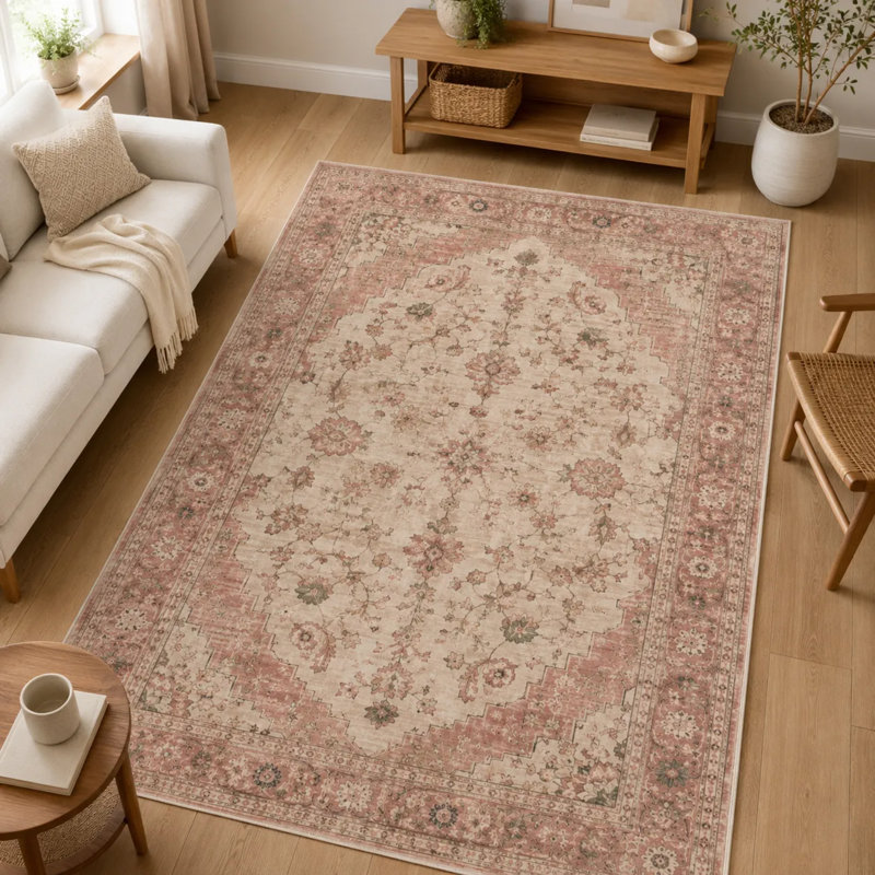 Tapis de couloir en chenille rose poudré, Rectangle 5' x 2'8"