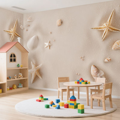 Wall Mural Peel and Stick Wallpaper Sandy beach seashells starfish natural textured for summer holiday vacations Self-Adhesive Removable  Contact Paper Wall Decor for Living Room Bedroom 100"H x 144"W