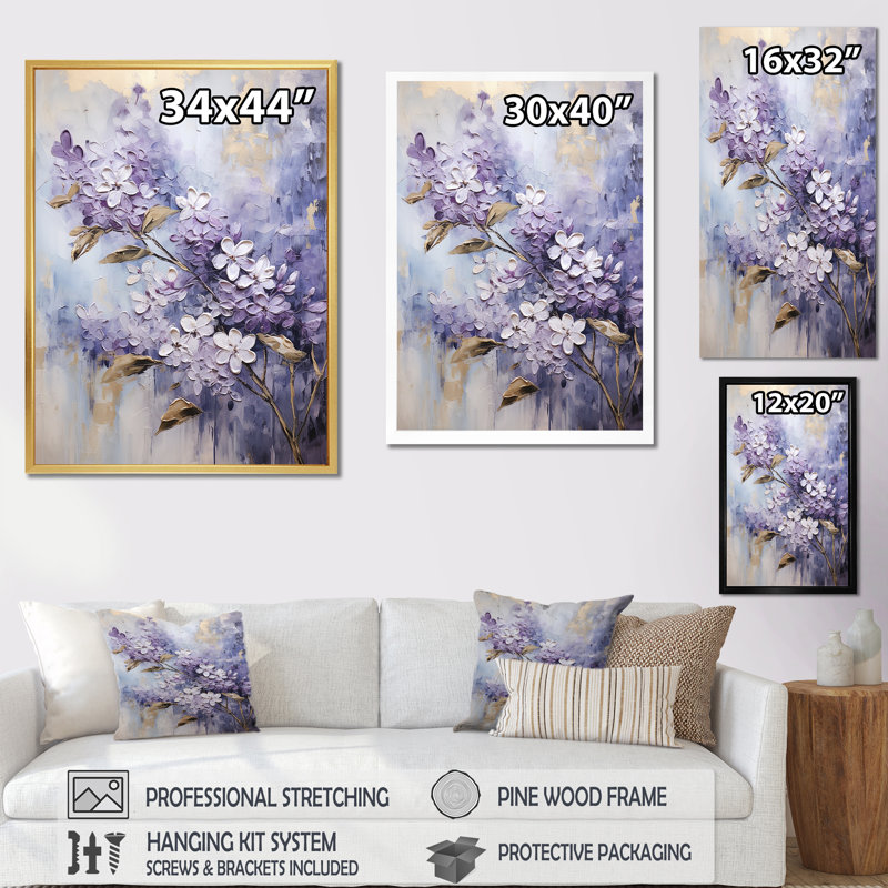 Lilas mauves pastel mauve et doré - art mural lilas pour le salon, H 20 po x l 12 po x P 1 po, Cadre flottant noir