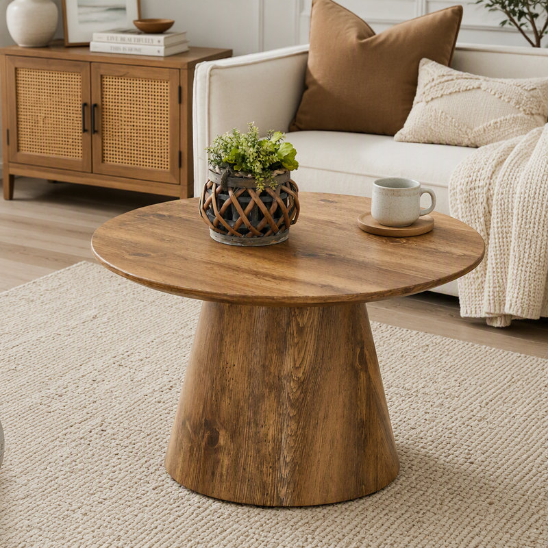 Table basse ronde imitation bois, petite table d'appoint en MDF avec pattes réglables, table de chevet stable pour salon et chambre.