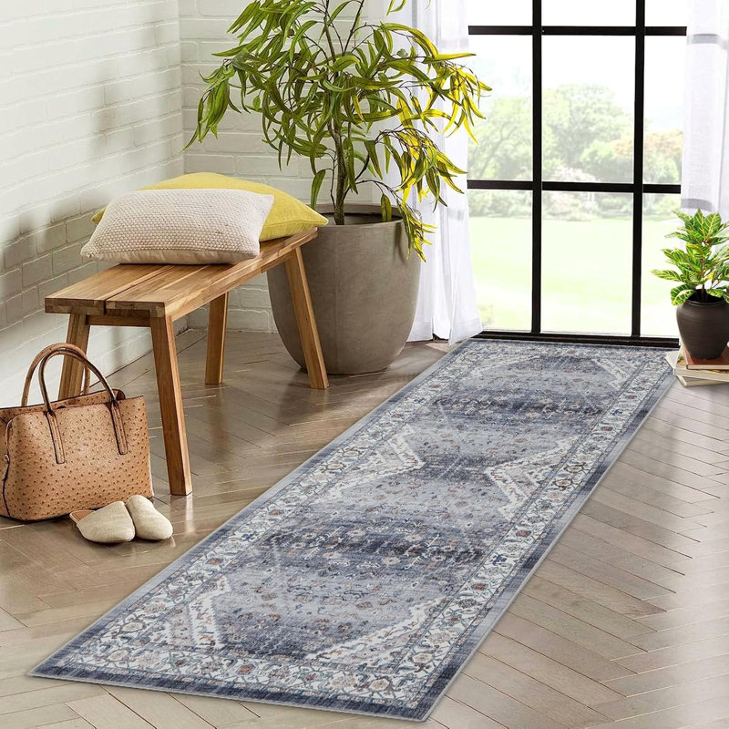 Machine Washable 2x6 Ft Vintage Floral Printed Runner Rug, Non-Slip for Hallway, Entryway, Kitchen (Gray), Runner 2' x 6'