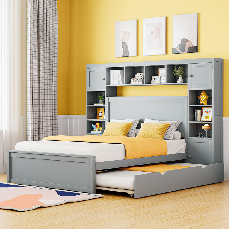 Full Size Wooden Storage Bed with Trundle, Headboard Cabinets and Shelves, Built-in Outlets, No Box Spring, Gray
