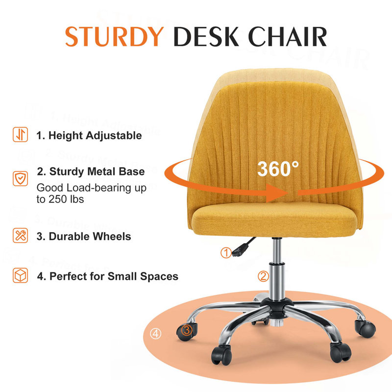 Chaise de bureau sans accoudoirs avec roulettes, Jaune