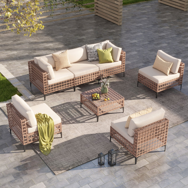 Abdihamid 6-Person Outdoor Sectional Seating Group with Cushions, Black Cushion/Gray Frame
