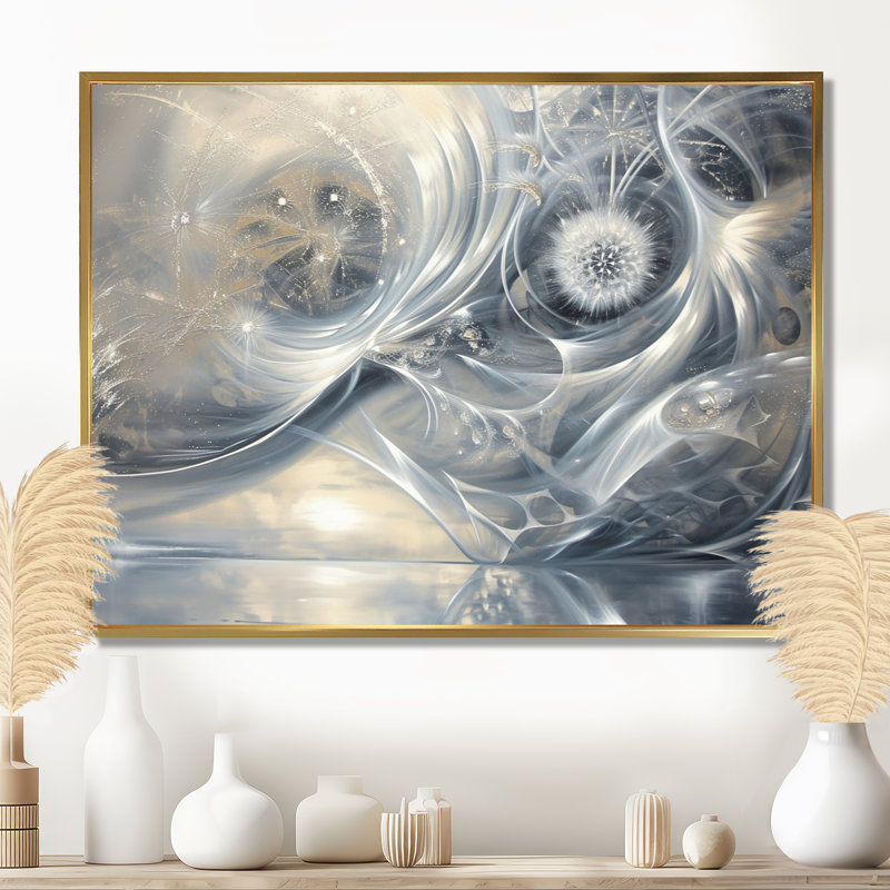 Silvers Swirling Dandelion Universe - paysage abstrait, art mural, Cadre flottant doré, H 12 po x l 20 po