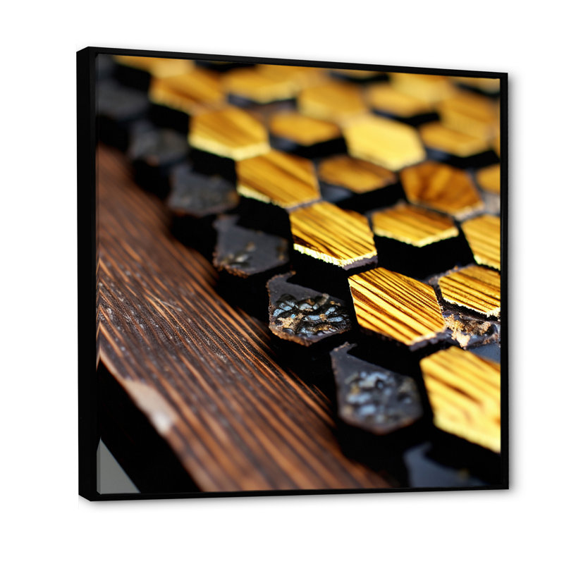 Motif hexagonal en bois rétro sur toile, 36" H x 36" W, Cadre flottant noir