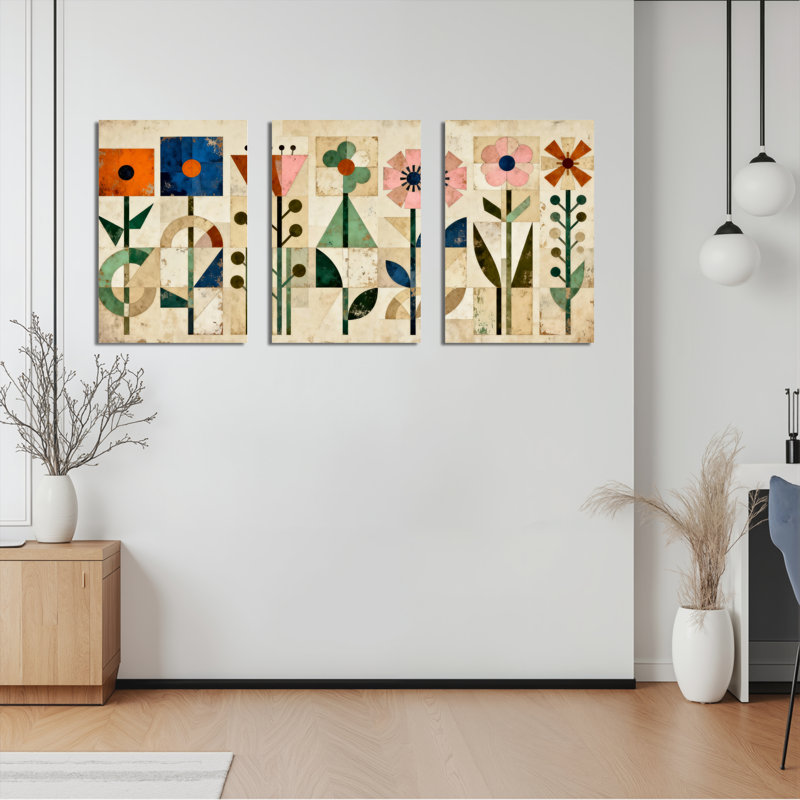 Art mural géométrique sur toile, motif Mid-Century (ensemble de 3), H 36 po x l 72 po