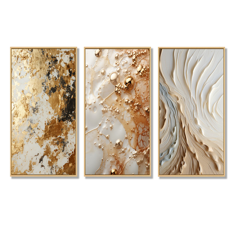 Blanc et or champagne Flow I - ensemble de 3 décorations murales champagne, H 28 po x l 36 po, Cadre flottant brun