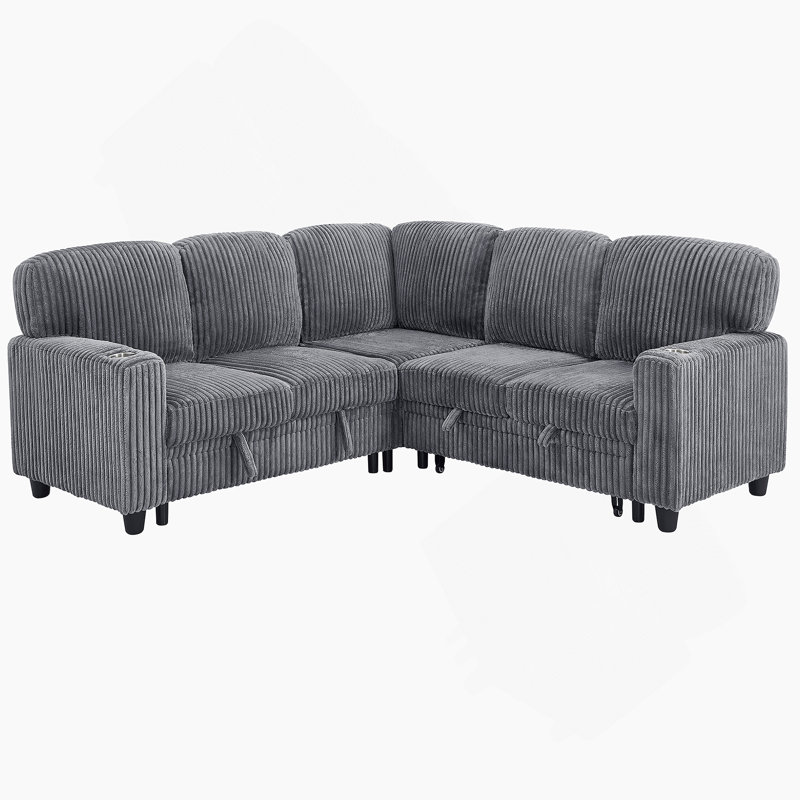 Canapé-lit modulaire en L avec lit escamotable et rangement, canapé-lit 5 places avec chargement USB, conception convertible pour salon, appartement, tissu en velours côtelé