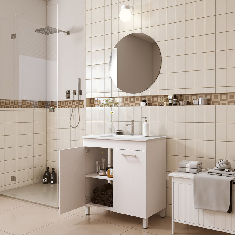 Meuble-lavabo de salle de bain 32 po avec lavabo, portes doubles avec charnières à fermeture douce, armoire de salle de bain avec tablette ajustable, poignée en métal, lavabo en céramique, pieds argent réglables