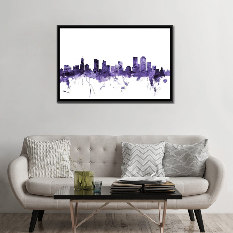 «Denver, Colorado Skyline» par Michael Tompsett, impression sur toile tendue, Toile avec cadre noir, Pas de tapis