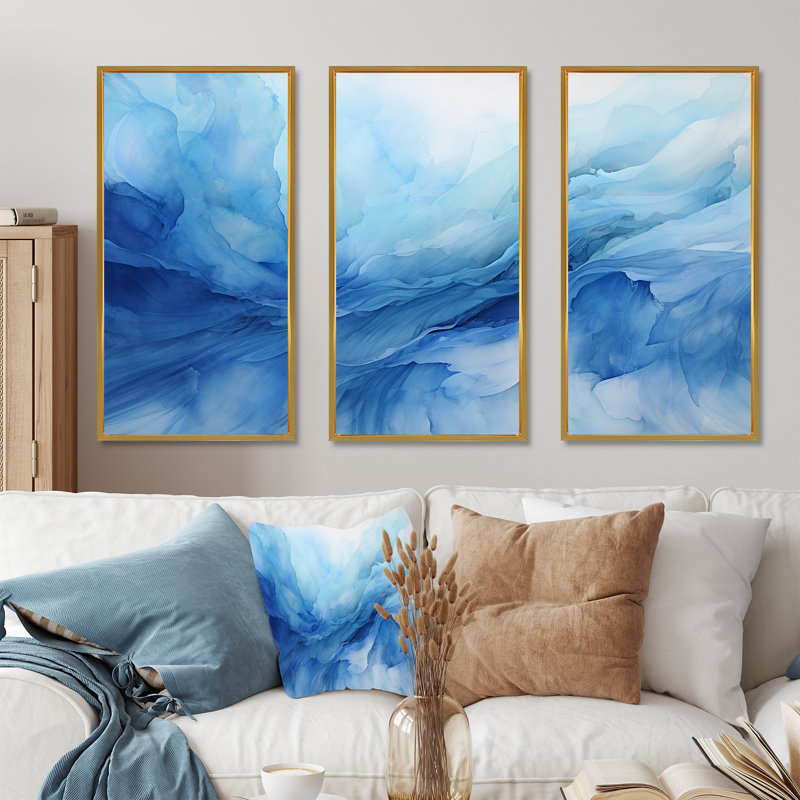 «Blue Emotional Tachism Waves 1 - Tachism», art mural, Cadre flottant doré, H 28 po x l 36 po x P 1 po