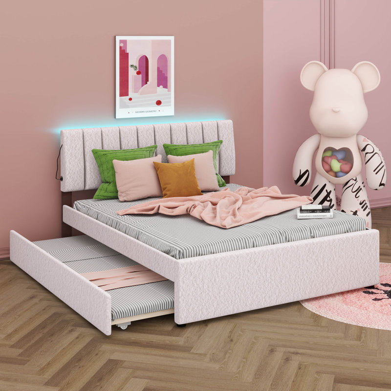 Lit plateforme tapissier Teddy, Beige, Grand lit