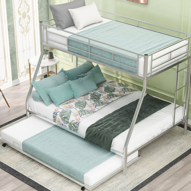 Silver Twin Over Full Bunk Bed With Robust Metal Build Size Trundle - Silver Gleam, Two Ladders Come, Silver, Full