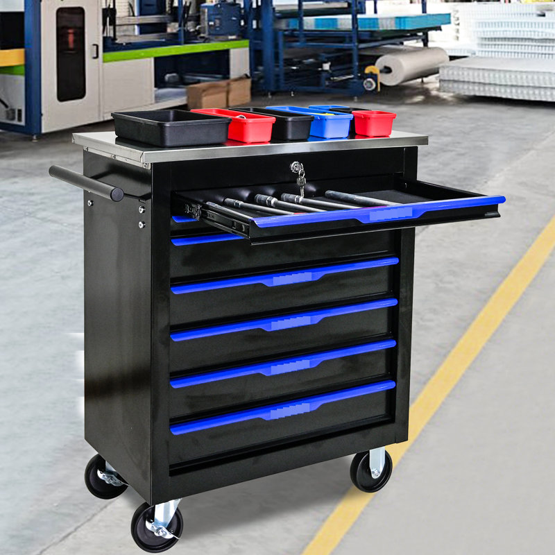 7 Movable Garage Workbench Cart - Black Blue, Construction, Key Lockable Compartments, Stainless Steel Countertops, 2 Brake Workshop Drawers, Included