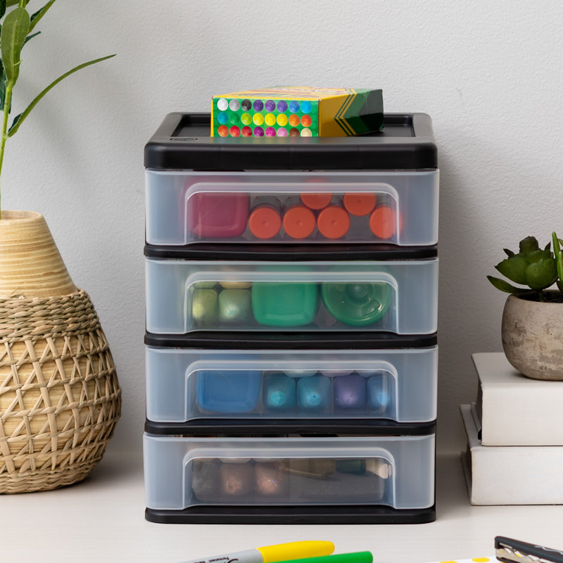 Compact Black Plastic 4-Drawer Small Desk Organizer - Set of 2
