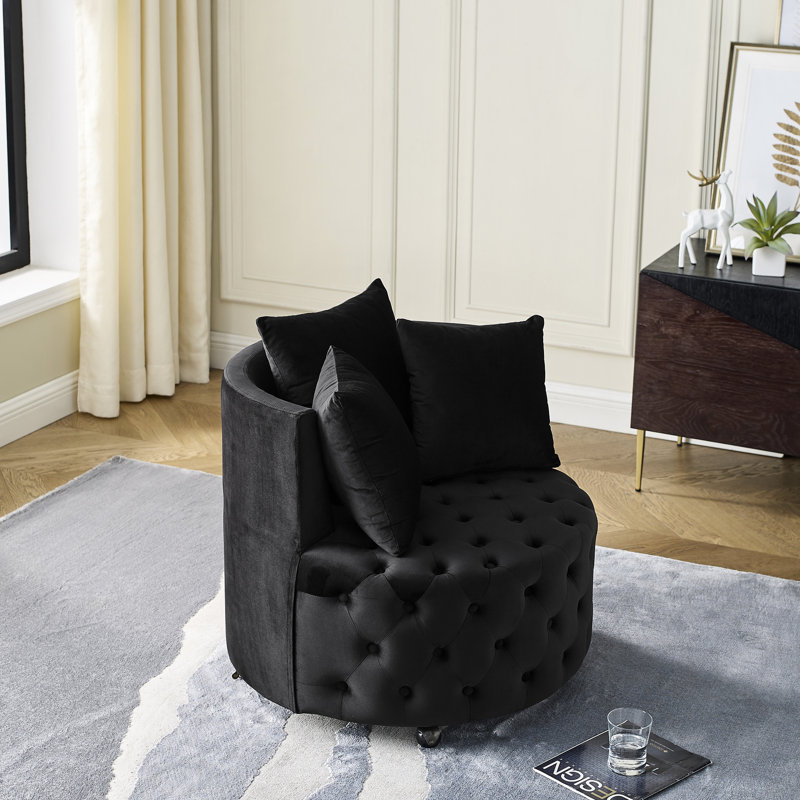 Fauteuil pivotant en velours moderne avec capitonnage à boutons et roues mobiles, noir