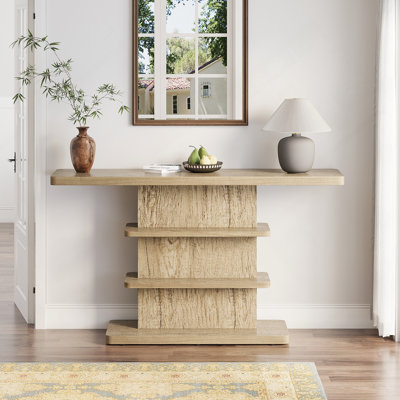 Console 63 po vintage avec tablettes de rangement ouvertes à 2 niveaux, capacité de poids élevée, convient au salon, au couloir, au couloir et à la chambre à coucher, naturel