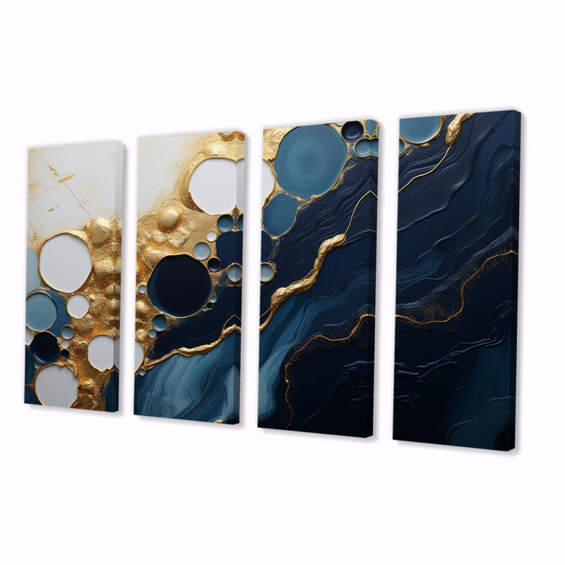«Gold and Blue Marble Essence Magic I - Abstract Marble», art mural 4 pièces, H 28 po x l 48 po