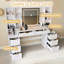 Bureau de coiffeuse surdimensionné de 59 po de largeur avec miroir et lumières, coiffeuse avec 8 tiroirs et tablettes de rangement ouvertes, luminosité réglable