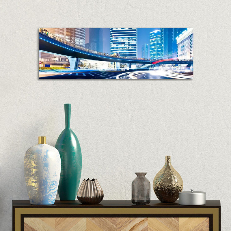 Streets At Night In The City Panoramic Skyline Cityscape - Wrapped Canvas Panoramic Print