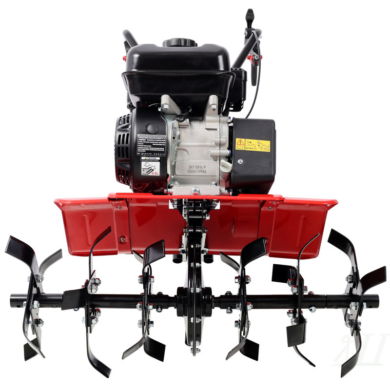 Motoculteur robuste, moteur à gaz 7 CV, 212 CC, 6 pales de 32,5 po de largeur et 10 po de profondeur.