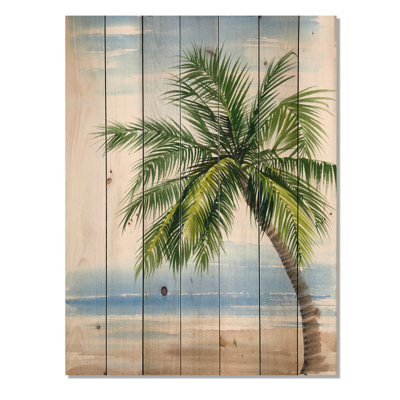 Palm Tree At The Beach Resort - Nautical & Coastal Print On Natural Pine Wood, 35" H x 25" W x 0.78" D