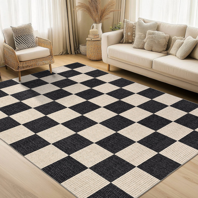Modern Checkerboard Machine Washable Rug Non Slip, Soft Non Shedding Carpet, Foldable Low Pile Floor Covering, Indoor Printed Accent Mat for Living Room Bedroom