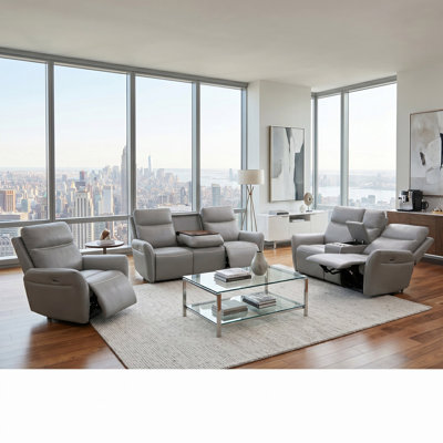 Cloudara Light Gray  Vegan Leather 3-Pieces Reclining  Sectioanal Living Room Sofa Set With Cup-Holders ,Wireless Charging And LED Lights