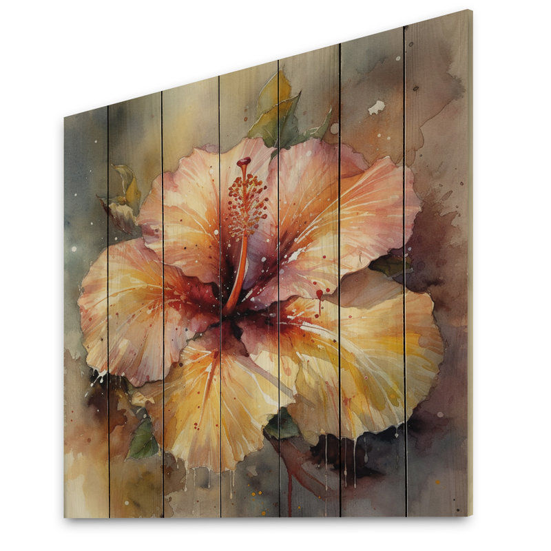 Hibiscus orange jaune sur impression sur bois, H 15 po x l 15 po x P 0,78 po