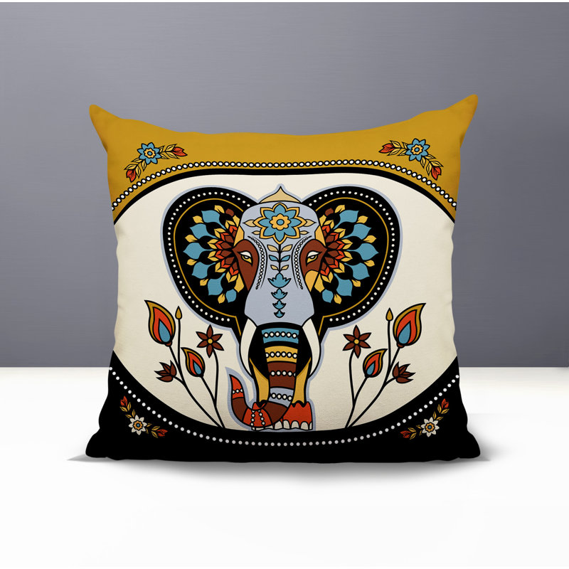 Coussin intérieur / extérieur Indra Elephant, Carré 15 po, Noir / or / bleu / orange