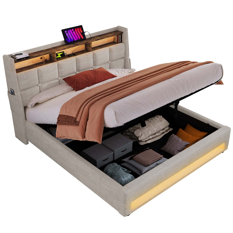 Queen Size Upholstered Platform Bed With A Hydraulic Storage System, LED And USB Charging, Natural, Full