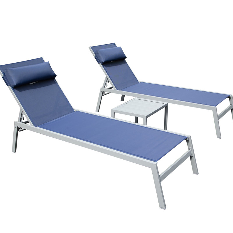 Chaise longue de patio pour 3 personnes: chaises de piscine en aluminium bleu marine avec table d'appoint. Extérieur réglable pour la plage, la cour, le balcon. Construction, table respirante en bleu marine. Rouille - Structure confortable