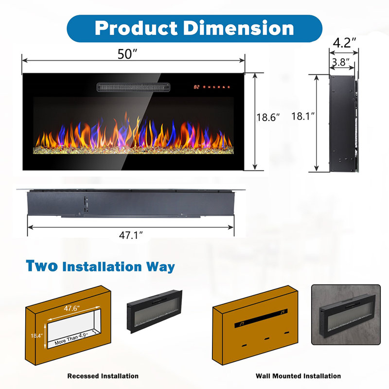 Decaro 50"W Electric Fireplace Recessed & Wall Mounted, Remote Control&Tempered Glass, Multi Color